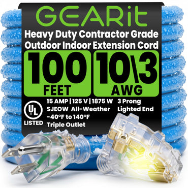 10/3 Outdoor Extension Cord 100 Feet Triple Outlet - SJEOW - Extreme Weather Resistant - 10 Gauge 3 Prong, Blue