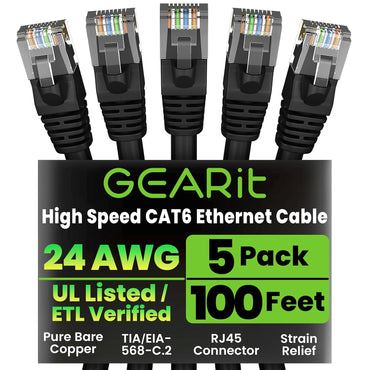 GEARit Cat6 Patch Cables Cat 6 Ethernet Cable 100 ft 5-Pack Black