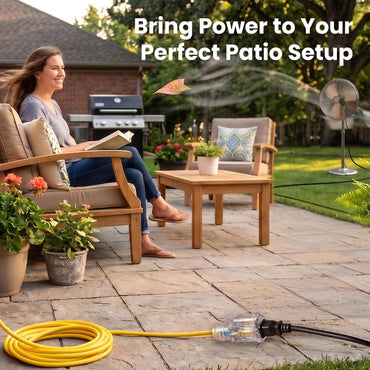 Outdoor extension cord powering a patio setup