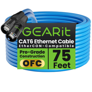 GEARit Shielded Cat6 EtherCON Cable – Locking RJ45 Ethernet for Pro Audio, Dante, DMX & Stage Lighting, Black or Blue, 3–300 ft