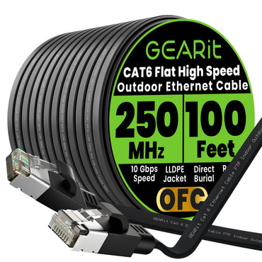 GEARit Cat6 Outdoor Flat Ethernet Cable – Direct Burial, Shielded OFC, UV-Resistant LLDPE, 15–200 ft, 3 Colors