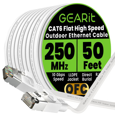 GEARit Cat6 Outdoor Flat Ethernet Cable – Direct Burial, Shielded OFC, UV-Resistant LLDPE, 15–200 ft, 3 Colors