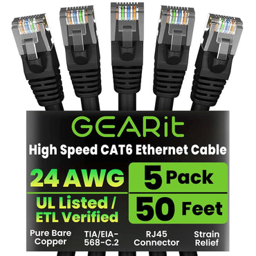 GEARit Cat6 Patch Cables Cat 6 Ethernet Cable 50 ft 5-Pack Black