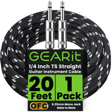 Straight 1/4 Inch Male to Male Guitar Instrument Cable, Black