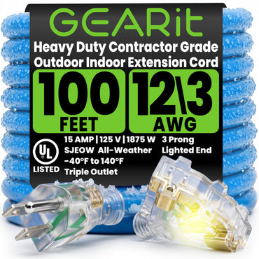 12/3 SJEOW Heavy Duty Outdoor Extension Cord 3 Outlet, 100 Feet