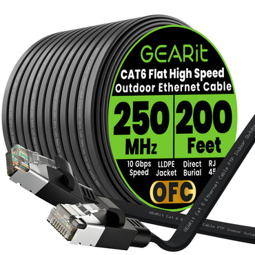 GEARit Cat6 Outdoor Flat Ethernet Cable – Direct Burial, Shielded OFC, UV-Resistant LLDPE, 15–200 ft, 3 Colors