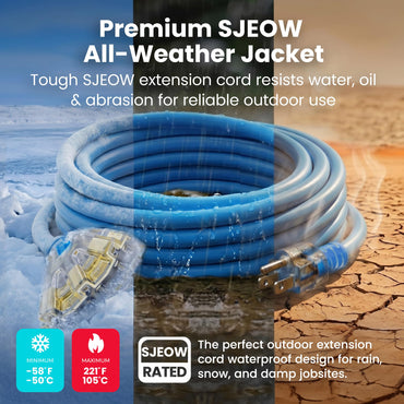 12/3 SJEOW Heavy Duty Outdoor Extension Cord 3 Outlet, 100 Feet