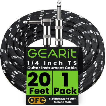 Right Angle to Straight 1/4 Inch Male to Male Guitar Instrument Cable, Black