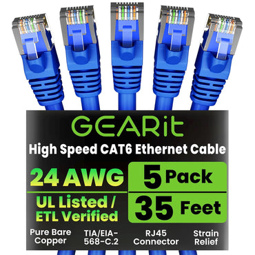 GEARit Cat6 Patch Cables Cat 6 Ethernet Cable 35 ft 5-Pack Blue