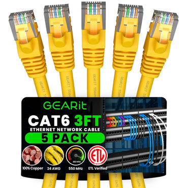 GEARit Cat6 Patch Cables 3ft 5 Pack Cat 6 Ethernet Cable Yellow