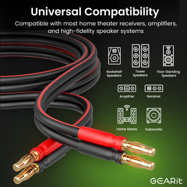 2-Pack 14 AWG Speaker Cable with Banana Plugs Banana Wire for Bi-Wire Bi-Amp HiFi Surround Sound, Black
