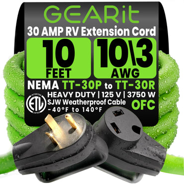 30-Amp Extension Cord for RV and Auto, 125-Volt, 3-Prong, 10/3 STW 10AWG Gauge 3 Wire, NEMA TT-30P to TT-30R, Outdoor, Waterproof, Outdoor Camper Power Cord