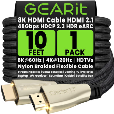 8K Premium Braided HDMI 2.1 Cable - 60Hz 48Gpbs, 10 Feet