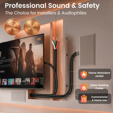 12 AWG Direct Burial Speaker Wire 4-Conductor Bi-Wire Cables - CL3 Rated - Oxygen Free Copper (OFC), Black