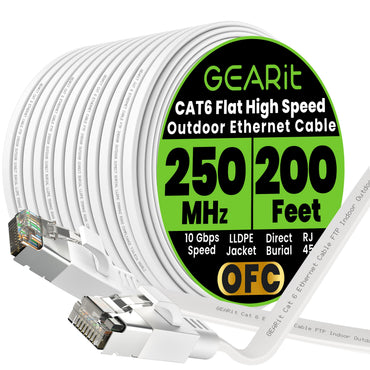 GEARit Cat6 Outdoor Flat Ethernet Cable – Direct Burial, Shielded OFC, UV-Resistant LLDPE, 15–200 ft, 3 Colors
