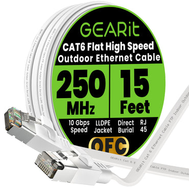 GEARit Cat6 Outdoor Flat Ethernet Cable – Direct Burial, Shielded OFC, UV-Resistant LLDPE, 15–200 ft, 3 Colors