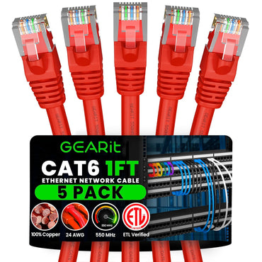 GEARit Cat6 Patch Cables Cat 6 Ethernet Cable 1 ft 5-Pack Red