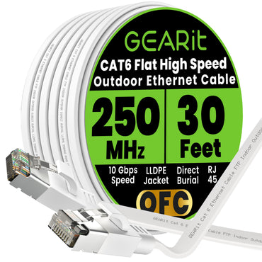 GEARit Cat6 Outdoor Flat Ethernet Cable – Direct Burial, Shielded OFC, UV-Resistant LLDPE, 15–200 ft, 3 Colors