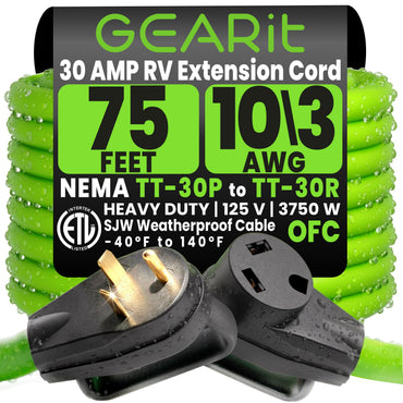 30-Amp Extension Cord for RV and Auto, 125-Volt, 3-Prong, 10/3 STW 10AWG Gauge 3 Wire, NEMA TT-30P to TT-30R, Outdoor, Waterproof, Outdoor Camper Power Cord