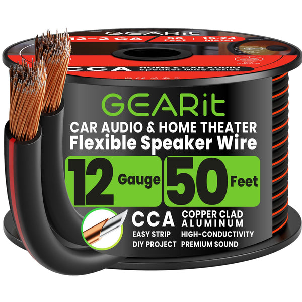 GEARit 12 Gauge Speaker Wire – 12/2 CCA Speaker Cable, 20–200 ft, Black, White & Translucent Colors