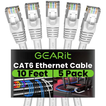GEARit Cat6 Patch Cables Cat 6 Ethernet Cable 10 ft 5-Pack White