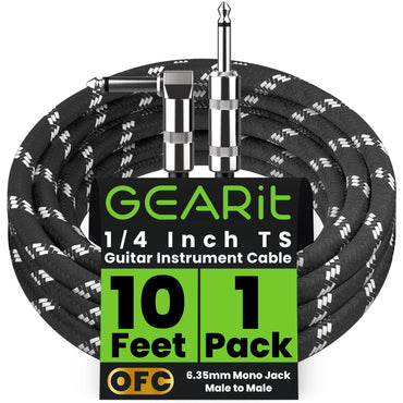 Right Angle to Straight 1/4 Inch Male to Male Guitar Instrument Cable, Black