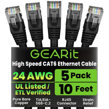 GEARit Cat6 Patch Cables Cat 6 Ethernet Cable 10 ft 5-Pack Black