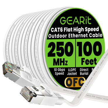 GEARit Cat6 Outdoor Flat Ethernet Cable – Direct Burial, Shielded OFC, UV-Resistant LLDPE, 15–200 ft, 3 Colors