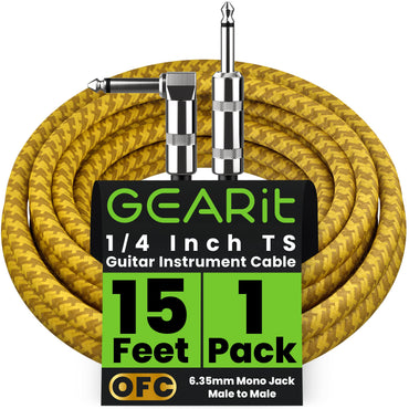 Right Angle to Straight 1/4 Inch Male to Male Guitar Instrument Cable, Yellow