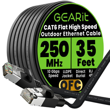 GEARit Cat6 Outdoor Flat Ethernet Cable – Direct Burial, Shielded OFC, UV-Resistant LLDPE, 15–200 ft, 3 Colors