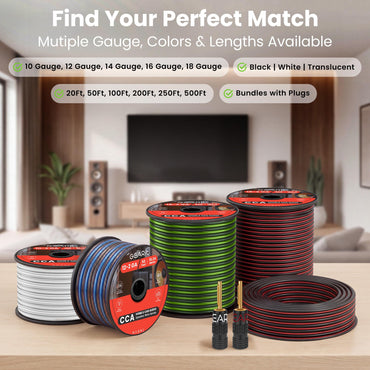 GEARit 12 Gauge Speaker Wire – 12/2 CCA Speaker Cable, 20–200 ft, Black, White & Translucent Colors