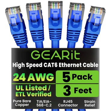 GEARit Cat6 Patch Cables 3ft 5 Pack Cat 6 Ethernet Cable Blue