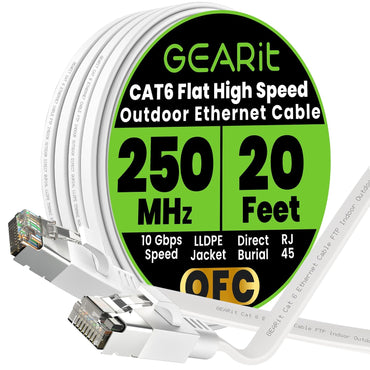 GEARit Cat6 Outdoor Flat Ethernet Cable – Direct Burial, Shielded OFC, UV-Resistant LLDPE, 15–200 ft, 3 Colors