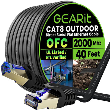 GEARit Cat8 Outdoor Flat Ethernet Cable 40ft Black