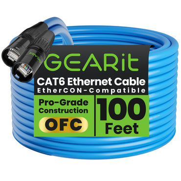 GEARit Shielded Cat6 EtherCON Cable – Locking RJ45 Ethernet for Pro Audio, Dante, DMX & Stage Lighting, Black or Blue, 3–300 ft