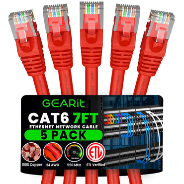 GEARit Cat6 Patch Cables Cat 6 Ethernet Cable 7 ft 5-Pack Red