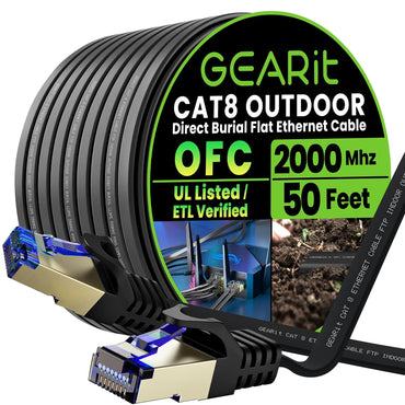 GEARit Cat8 Outdoor Flat Ethernet Cable 50ft Black