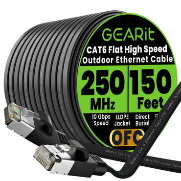 GEARit Cat6 Outdoor Flat Ethernet Cable – Direct Burial, Shielded OFC, UV-Resistant LLDPE, 15–200 ft, 3 Colors
