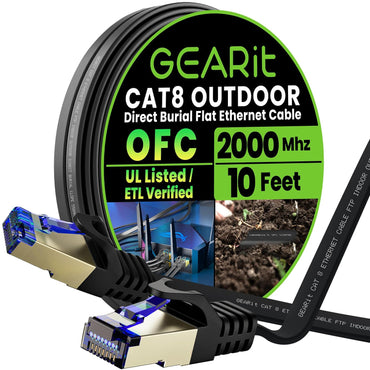 GEARit Cat8 Outdoor Flat Ethernet Cable 10ft Black