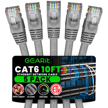 GEARit Cat6 Patch Cables Cat 6 Ethernet Cable 10 ft 5-Pack Gray