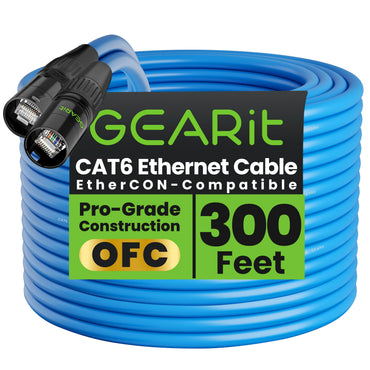 GEARit Shielded Cat6 EtherCON Cable – Locking RJ45 Ethernet for Pro Audio, Dante, DMX & Stage Lighting, Black or Blue, 3–300 ft