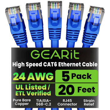 GEARit Cat6 Patch Cables Cat 6 Ethernet Cable 20 ft 5-Pack Blue