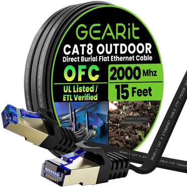 GEARit Cat8 Outdoor Flat Ethernet Cable 15ft Black