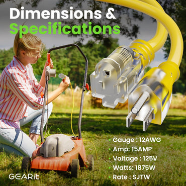 12 AWG SJTW extension cord specifications 15A 125V 1875W