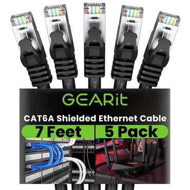 GEARit Cat6a Shielded Cable Black 5-Pack 7ft