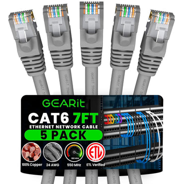 GEARit Cat6 Patch Cables Cat 6 Ethernet Cable 7 ft 5-Pack Gray