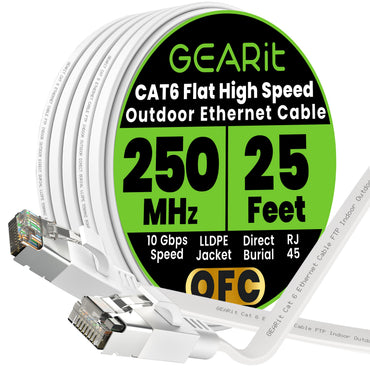 GEARit Cat6 Outdoor Flat Ethernet Cable – Direct Burial, Shielded OFC, UV-Resistant LLDPE, 15–200 ft, 3 Colors