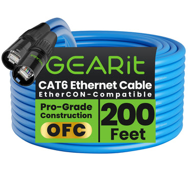 GEARit Shielded Cat6 EtherCON Cable – Locking RJ45 Ethernet for Pro Audio, Dante, DMX & Stage Lighting, Black or Blue, 3–300 ft