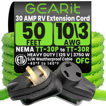 30-Amp Extension Cord for RV and Auto, 125-Volt, 3-Prong, 10/3 STW 10AWG Gauge 3 Wire, NEMA TT-30P to TT-30R, Outdoor, Waterproof, Outdoor Camper Power Cord