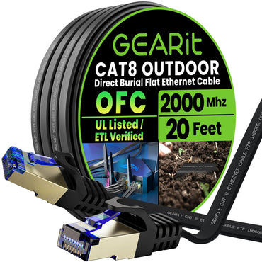 GEARit Cat8 Outdoor Flat Ethernet Cable 20ft Black